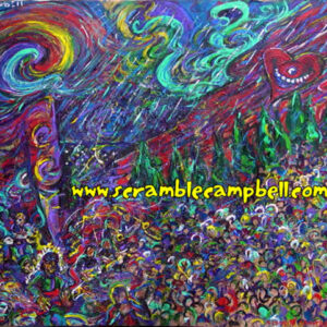 Psychedelic crowd scene under swirling night sky