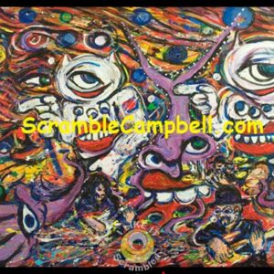 Colorful psychedelic painting with multiple eyes and faces