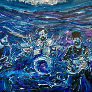 Blue abstract painting of three musicians