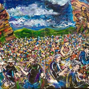 Painting of outdoor concert amid rock formations