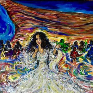 Colorful painting of singer in white gown