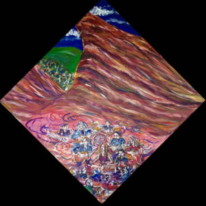 Colorful painting of crowd under red rock