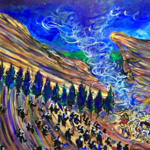 Vibrant painting of people crossing parted sea