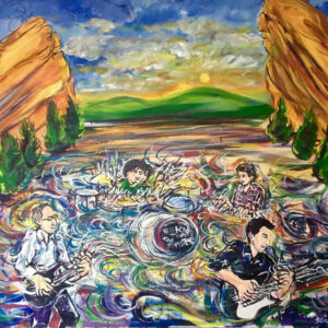Colorful painting of band playing in swirling water