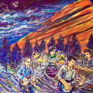 Colorful painting of band playing at rocky amphitheater