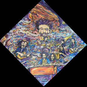 Psychedelic painting of musicians with swirling colors