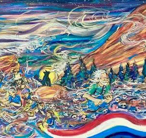 Vibrant mural of swirling sky, figures, skulls