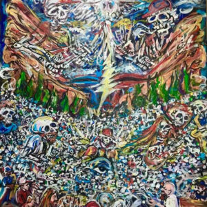 Colorful chaotic painting of skeletons and angels