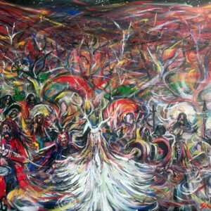 Colorful swirling abstract painting of central woman