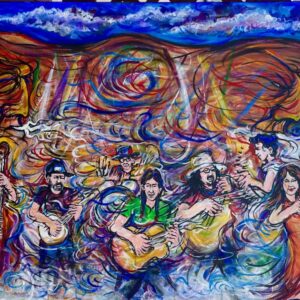 Colorful mural of band playing guitars and dancers