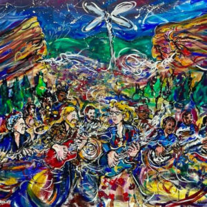 Colorful outdoor band playing beneath giant dragonfly
