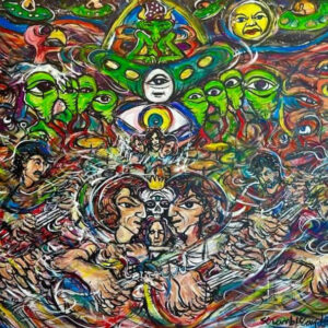 Vibrant psychedelic mural with aliens and faces