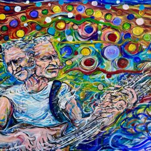 Vibrant psychedelic painting of guitarist duo