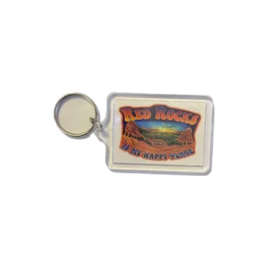 Red Rocks souvenir keychain with sunset design