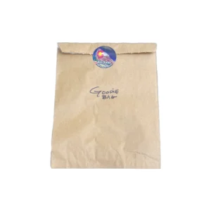 Brown paper goodie bag with sticker