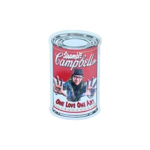 Parody Campbell-style soup can with artist
