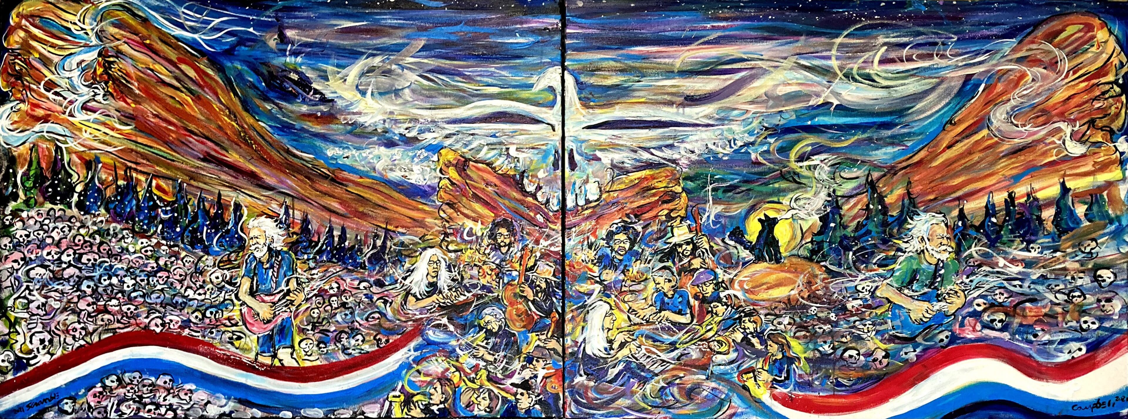 Colorful mural with mountains, crowd, red-white-blue ribbon