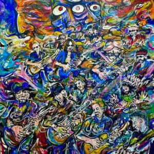 Vibrant abstract painting of many musicians