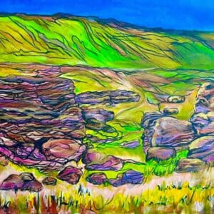 Colorful stylized rocky cliffs and green hills