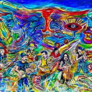 Colorful psychedelic painting of musicians and faces