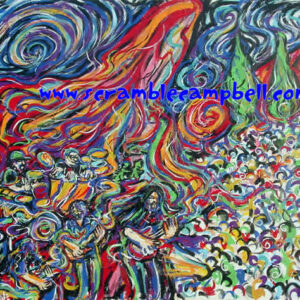 Colorful psychedelic painting of band and crowd