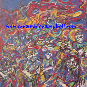 Psychedelic abstract painting of musicians and crowd