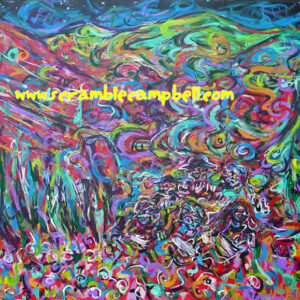 Vibrant abstract painting with swirling colorful patterns