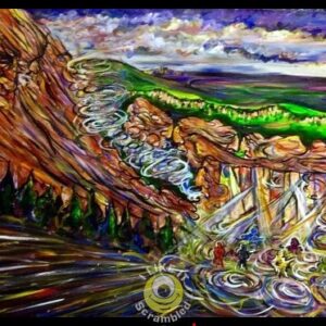 Colorful abstract landscape with waterfalls and cliffs