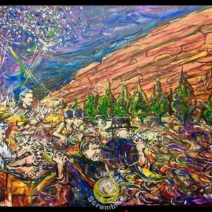 Psychedelic painting of musicians at Red Rocks