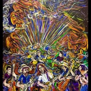 Colorful psychedelic painting of band performing