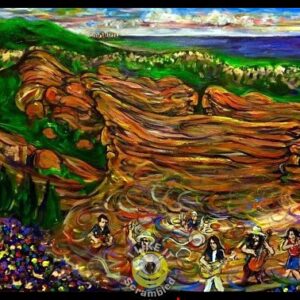 Seaside rock concert painting with musicians
