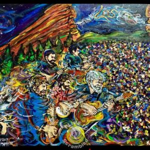 Colorful painting of guitarists performing to crowd