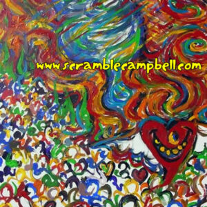 Colorful abstract painting of hearts and swirls