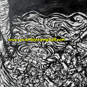 Black-and-white chaotic swirling crowd illustration