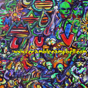 Vibrant psychedelic abstract painting with faces