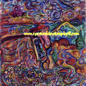 Vibrant abstract coastal scene with swirling patterns