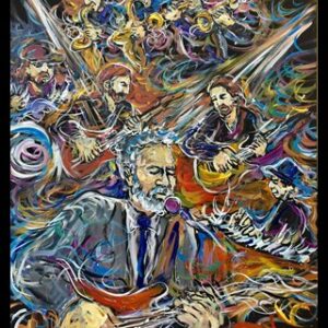 Vibrant painting of singer-guitarist with band
