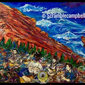 Colorful painting of musicians at red-rock concert