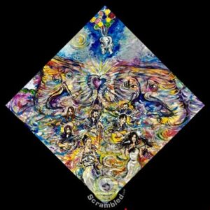 Colorful diamond-shaped abstract painting with figures