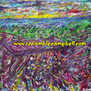 Colorful abstract landscape painting with website watermark
