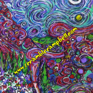 Vibrant abstract painting with swirling eyes