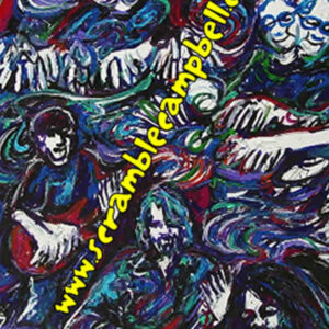 Colorful swirling painting of musicians with guitars