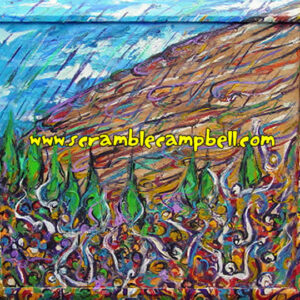 Abstract cliff painting with trees and flowers