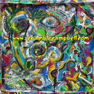 Colorful abstract faces painting with website text