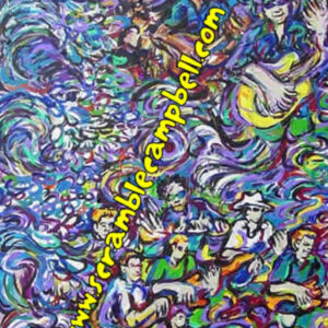 Vibrant psychedelic mural of musicians and waves