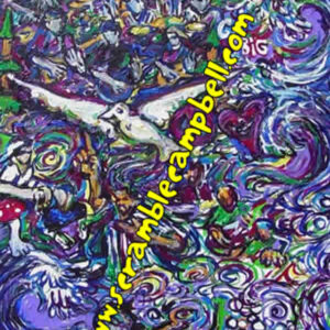 Colorful swirling abstract painting with white bird