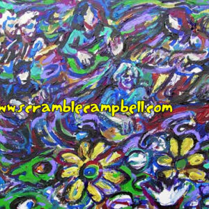 Vibrant abstract painting with flowers and figures