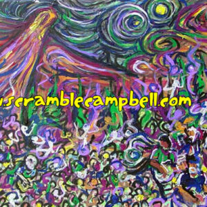 Colorful psychedelic crowd painting with website text