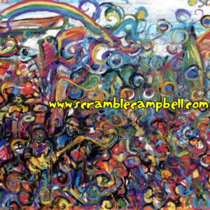 Vibrant abstract painting with rainbow, swirls, circles