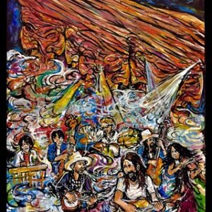 Colorful psychedelic painting of musicians performing live